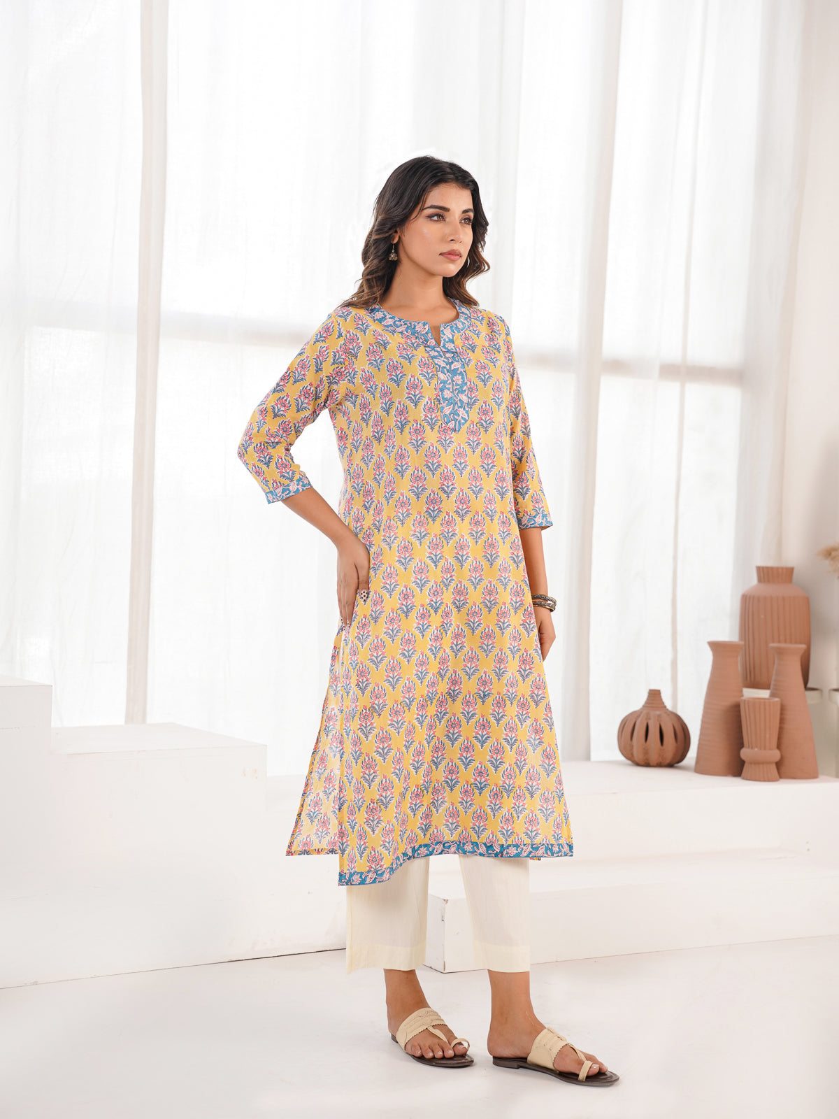 Cotton Block Printed Long Kurta Yellow