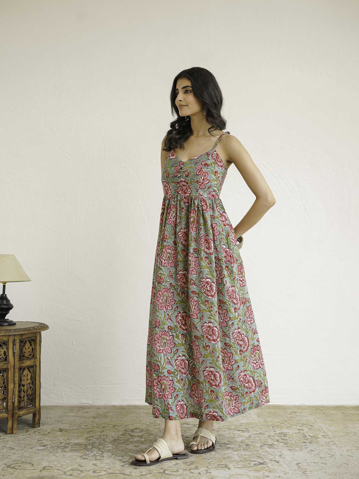 V-Neck Long Strappy Dress Green Flower