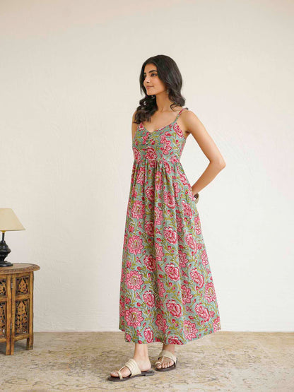 V-Neck Long Strappy Dress Green Flower