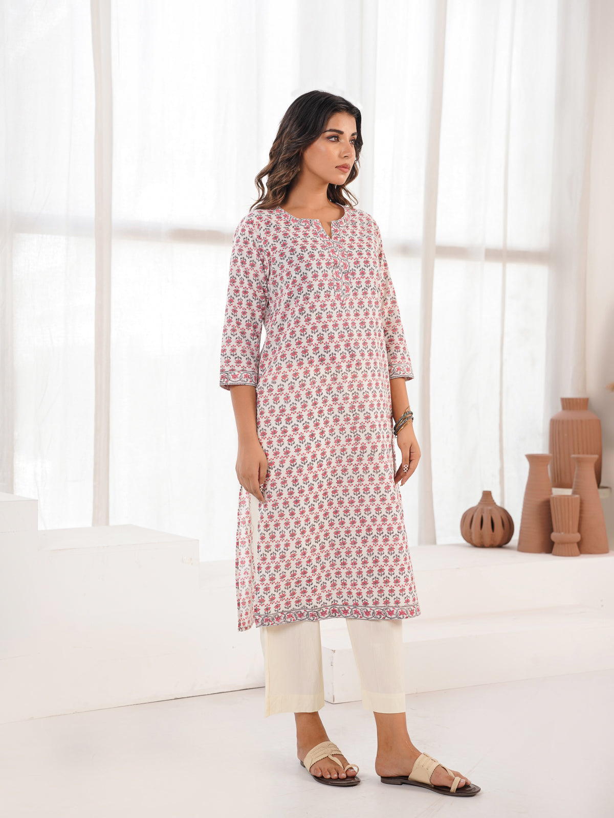 Cotton Block Printed Long Kurta White Booty