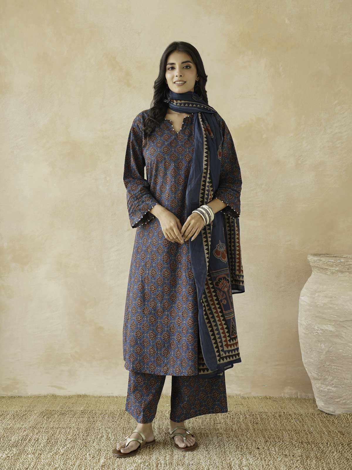 Cotton Printed Aline Kurta Set For Women Blue