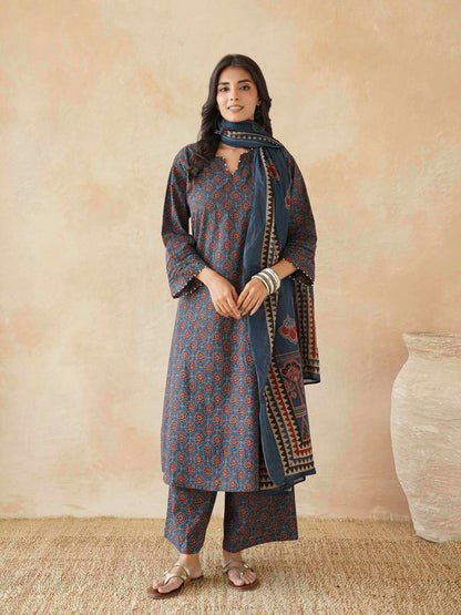 Cotton Printed Aline Kurta Set For Women Blue