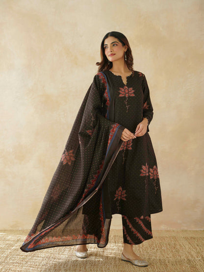 Cotton Printed Aline Geet Kurta Set For Women Black Lotus