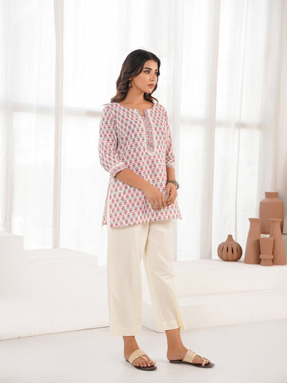 Block-Printed Cotton Zoya Kurti White Booty