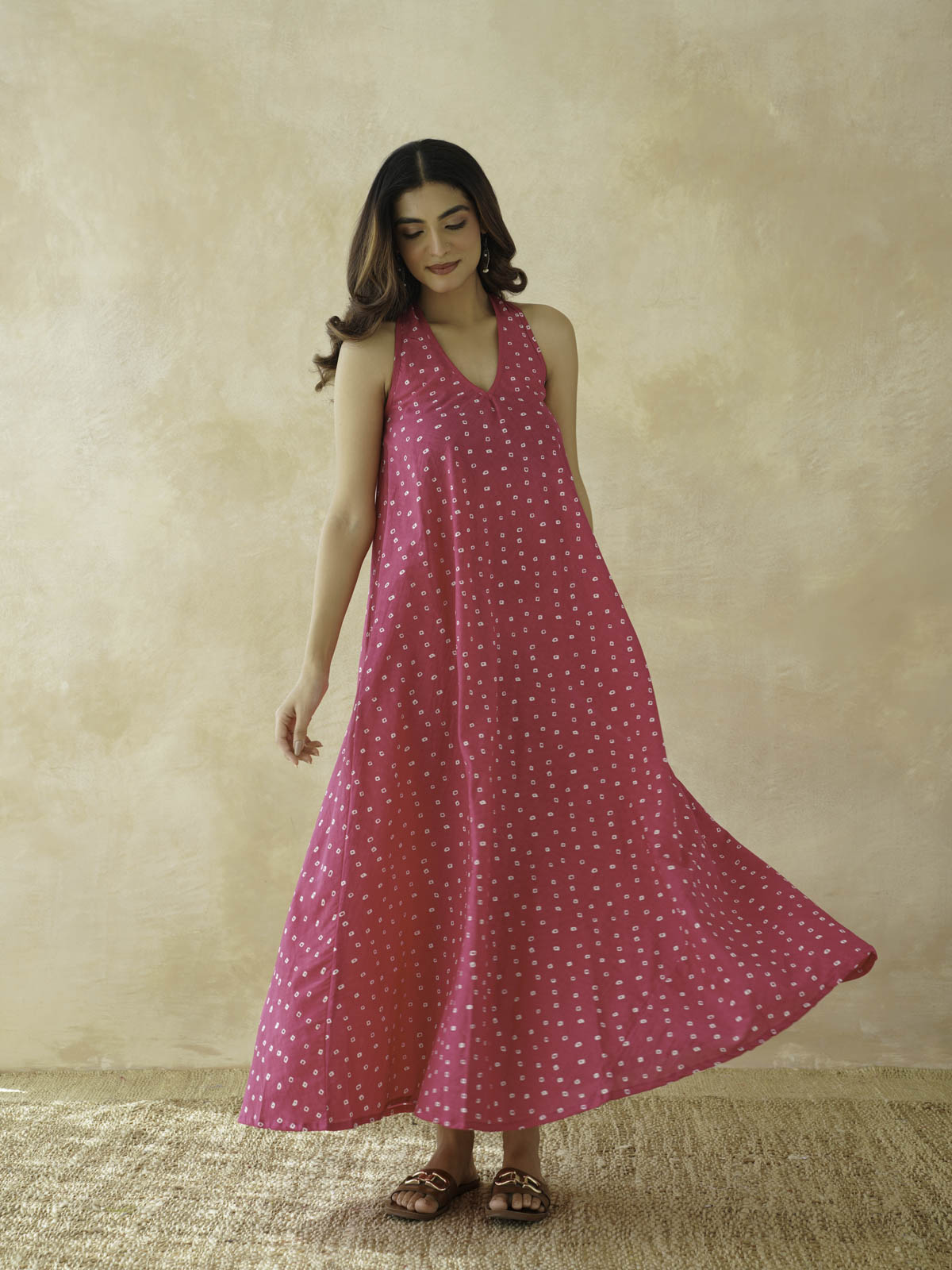 Cotton Printed Aline Moana Dress Pink Bandhej
