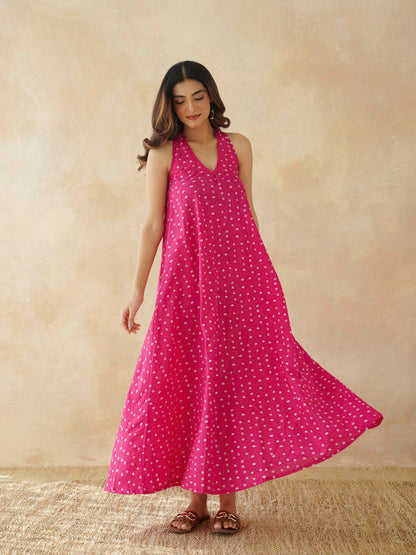 Cotton Printed Aline Moana Dress Pink Bandhej