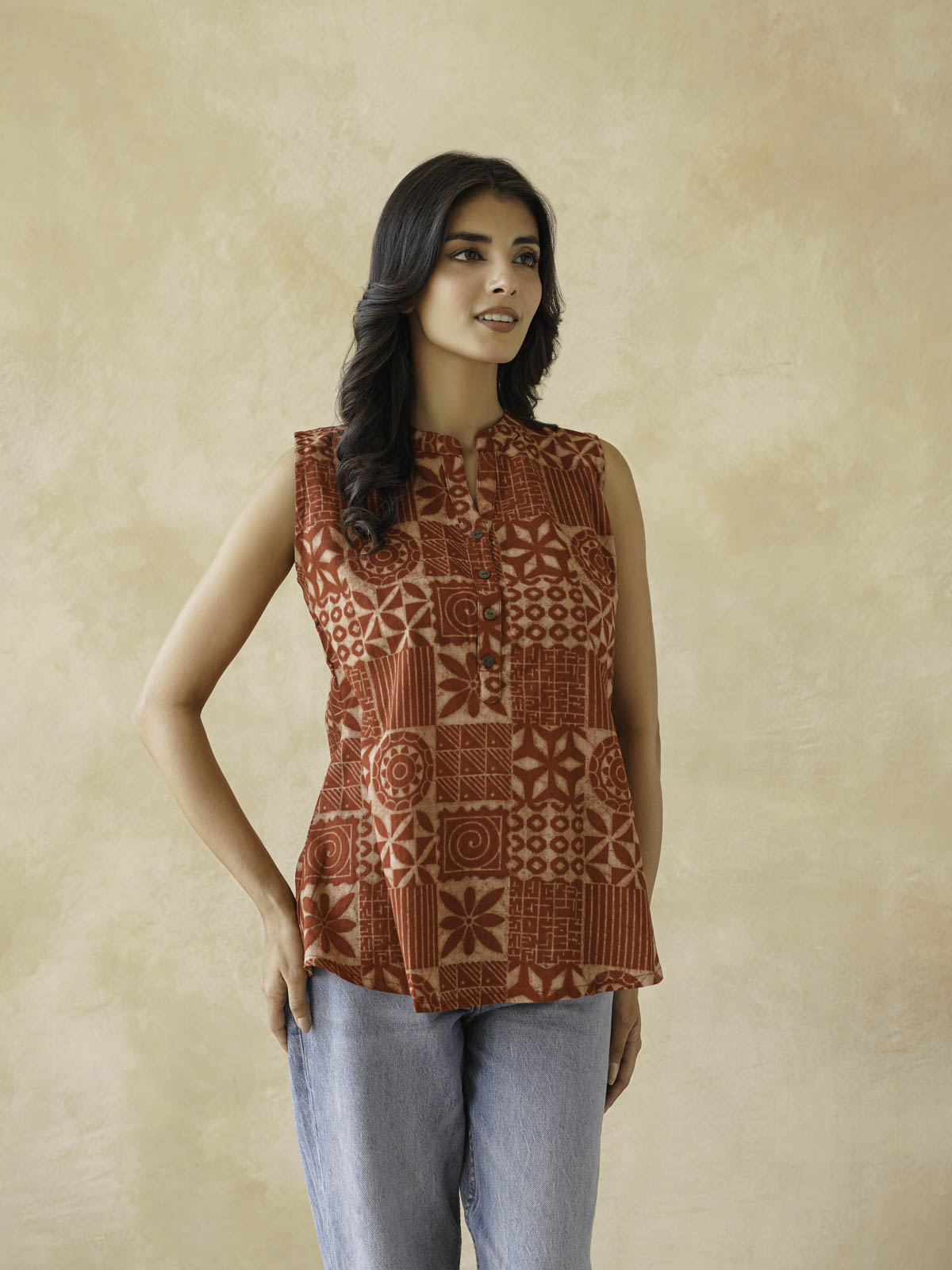 Cotton Printed Sleeveless Tunic Top For Women Red