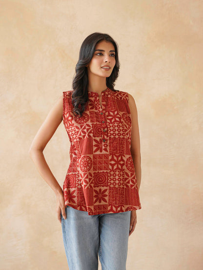 Cotton Printed Sleeveless Tunic Top For Women Red