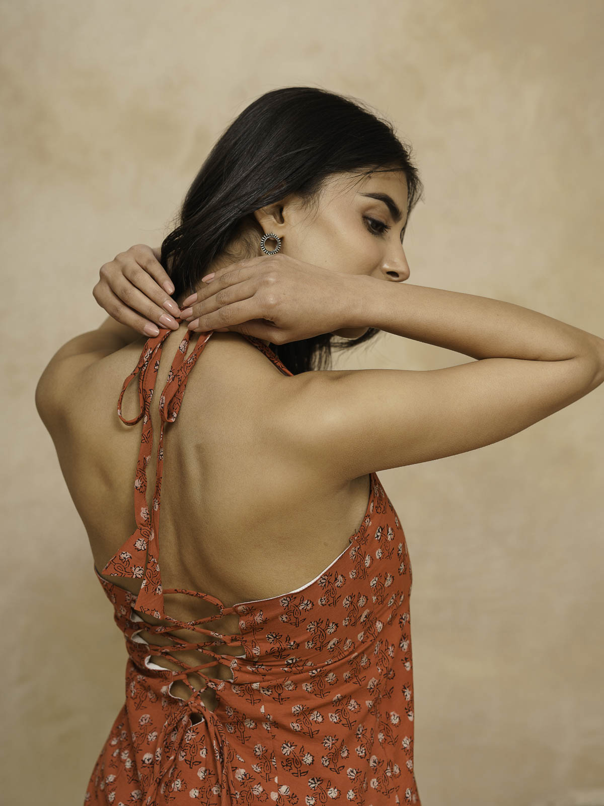 Cotton Printed Stylish Halter Tie-Up Kurti Orange