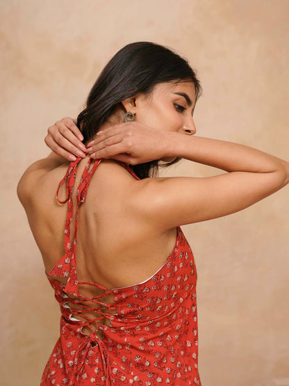 Cotton Printed Stylish Halter Tie-Up Kurti Orange