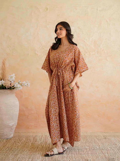 Block-Printed Cotton Long Kaftan Red Patti