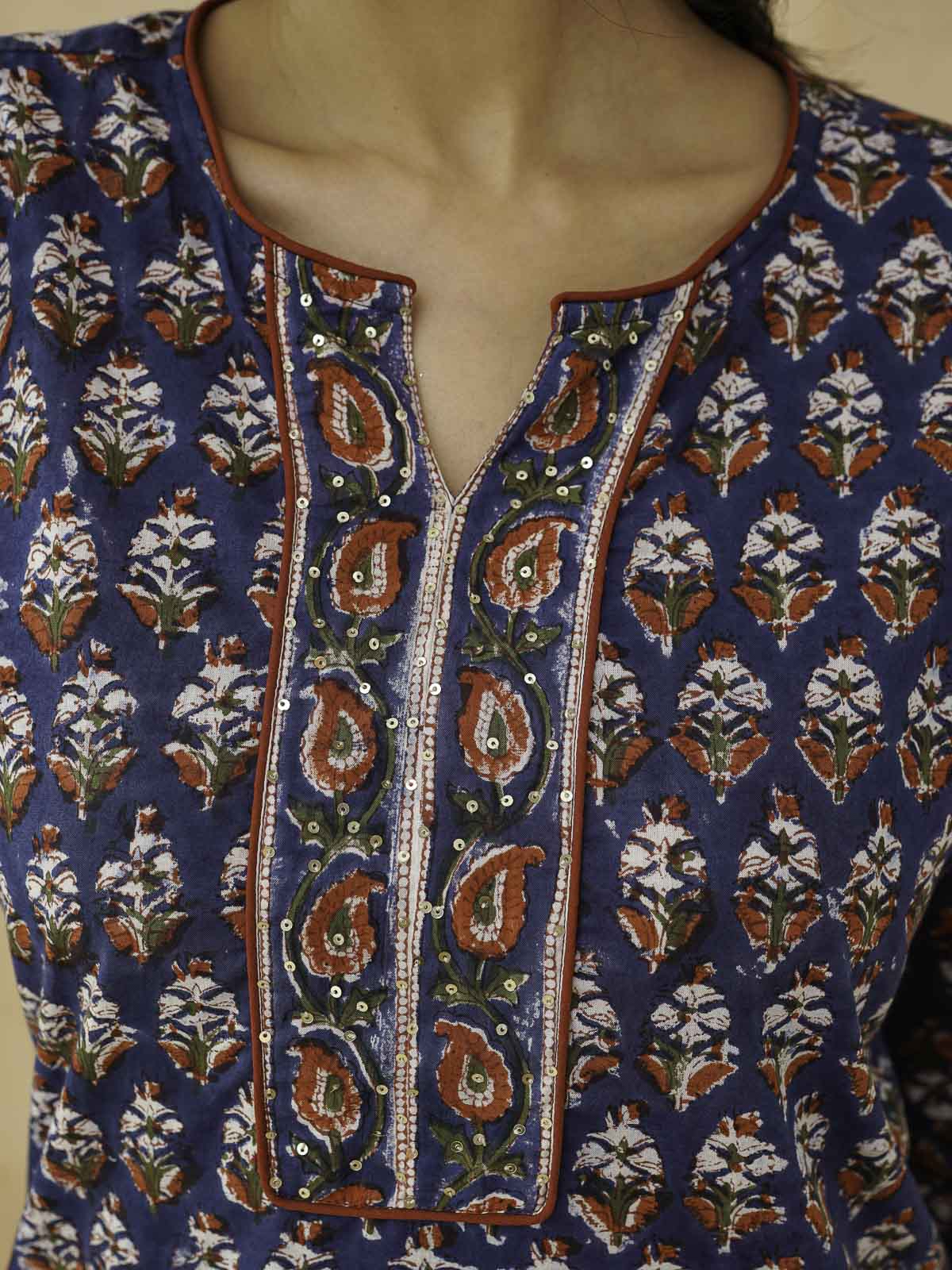 Cotton Printed Sequin Short Kurti For Women Blue