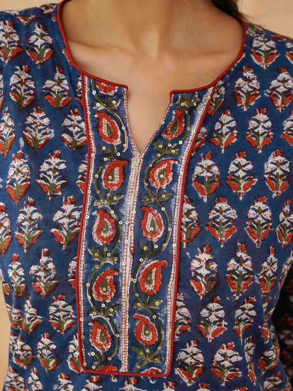 Cotton Printed Sequin Short Kurti For Women Blue