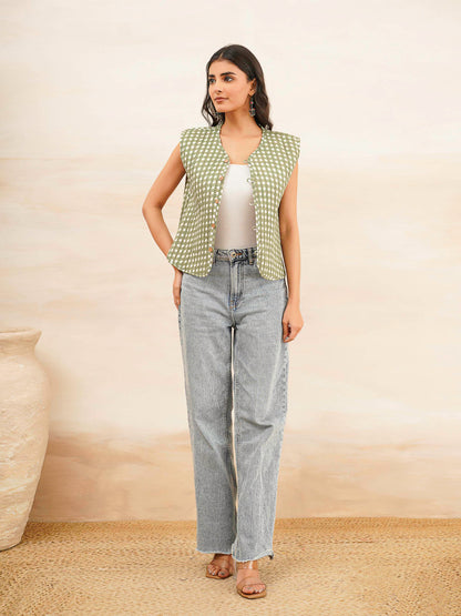 Cotton Printed Crop Sleeveless Quilted Jacket Green