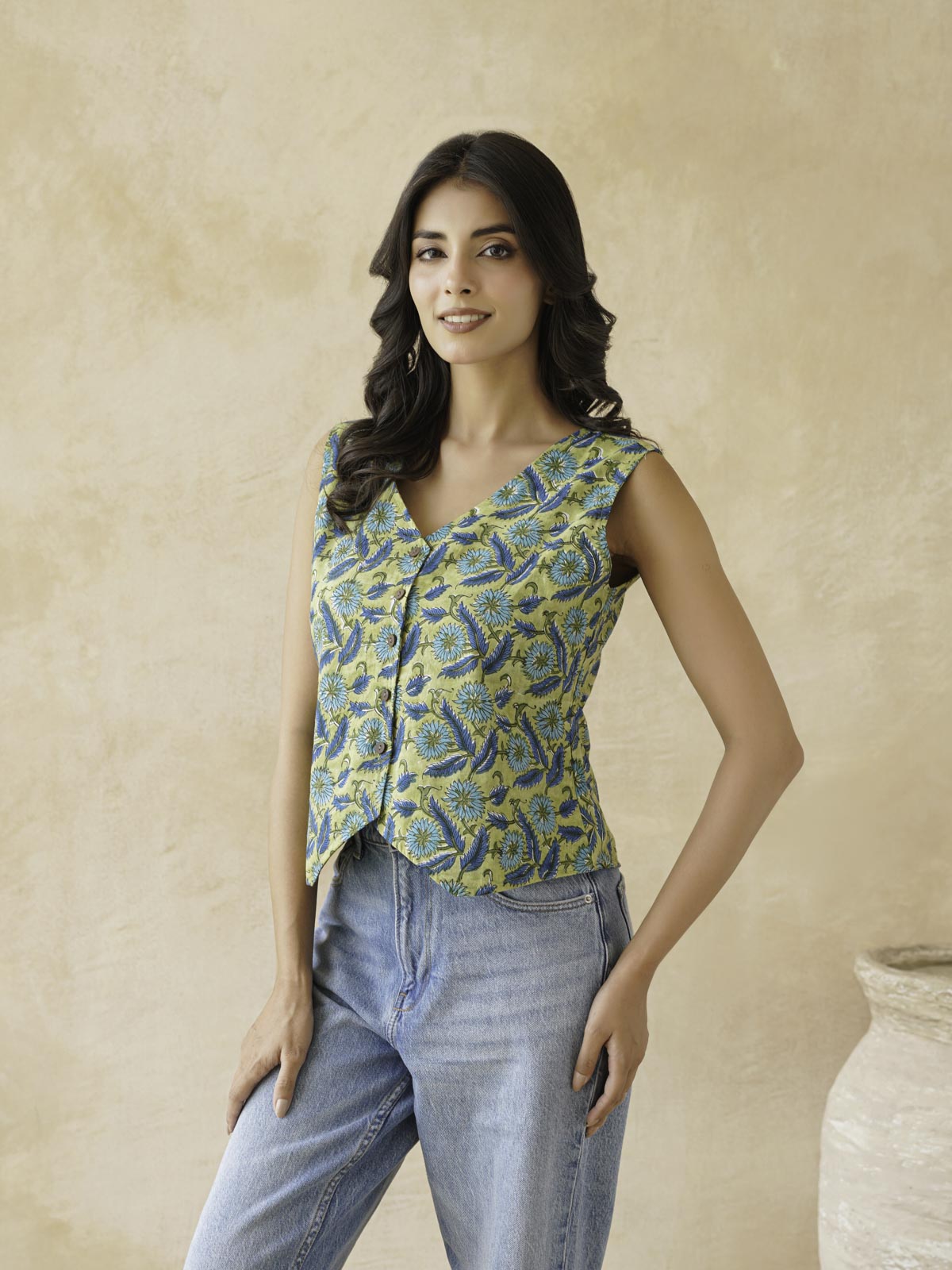 Sleeveless Cotton Block Printed Kothi Top Green Jaal