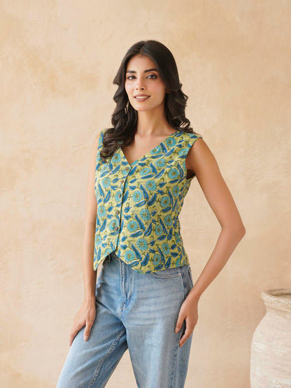 Sleeveless Cotton Block Printed Kothi Top Green Jaal