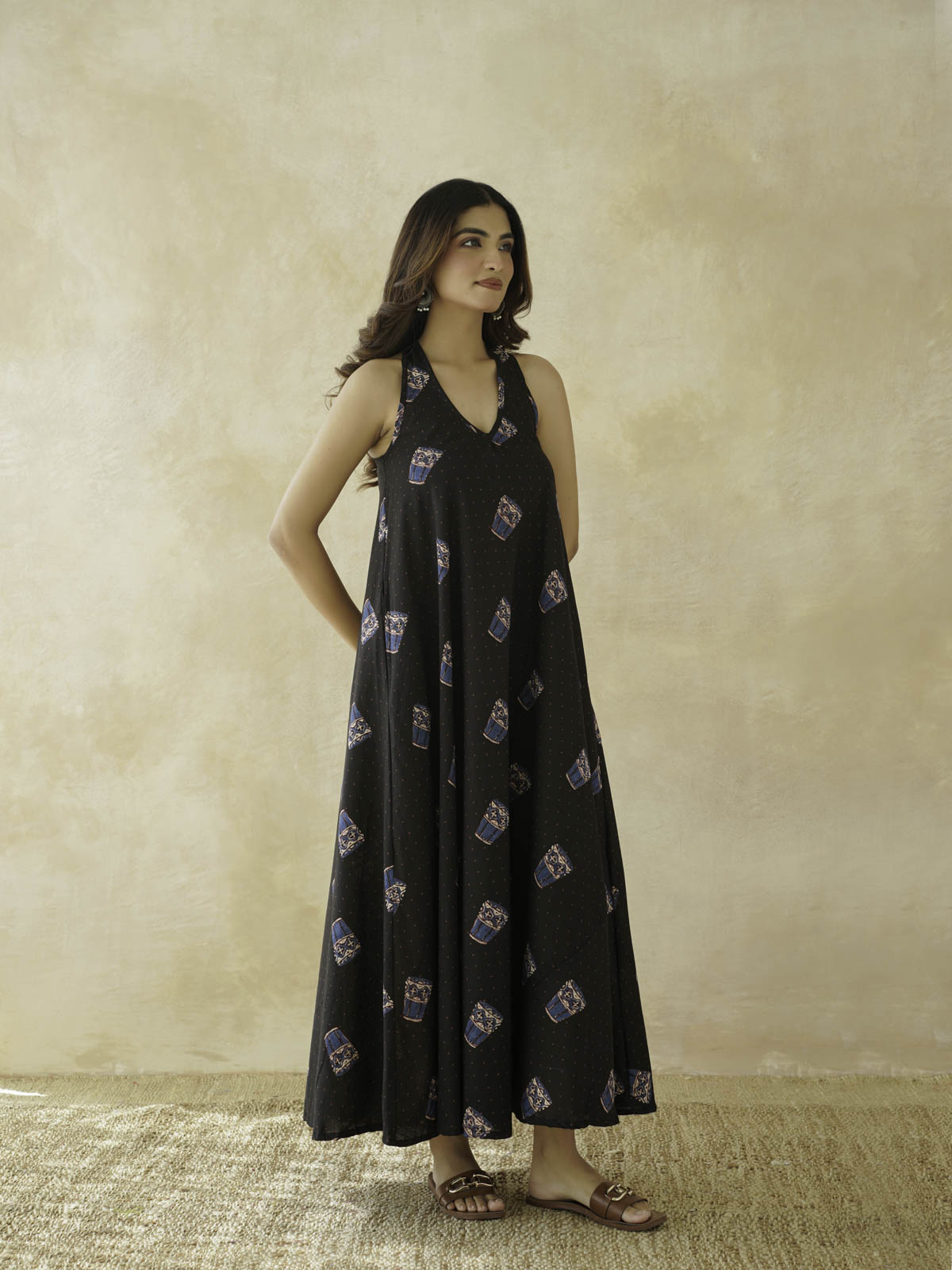 Cotton Printed Aline Moana Dress Black