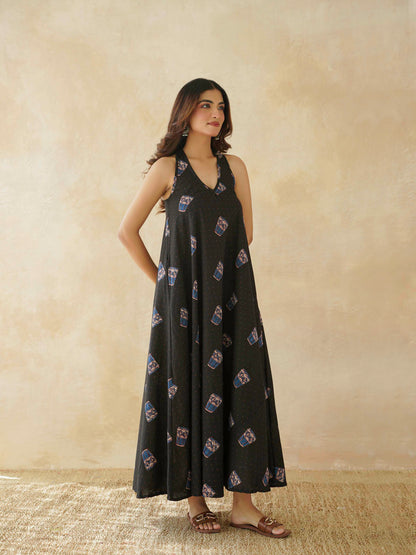 Cotton Printed Aline Moana Dress Black