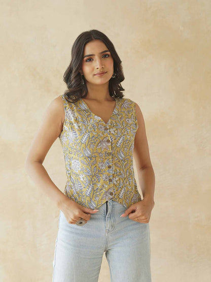 Sleeveless Cotton Block Printed Kothi Top Mustard