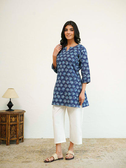 Cotton Printed Kantha Kurta Blue