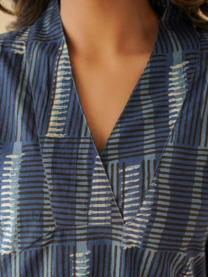 Cotton Printed Straight Kurta Indigo Strp