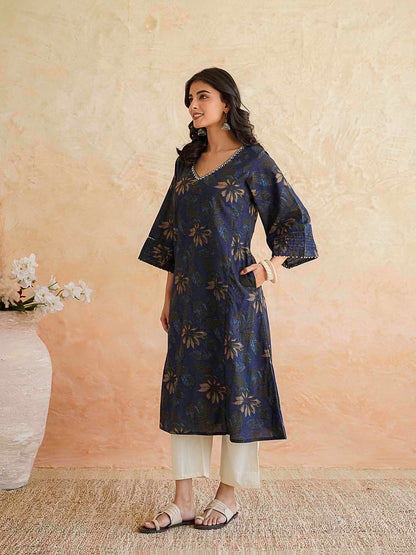 Cotton Printed Ultimate Aline Kurta For Women Dark Blue