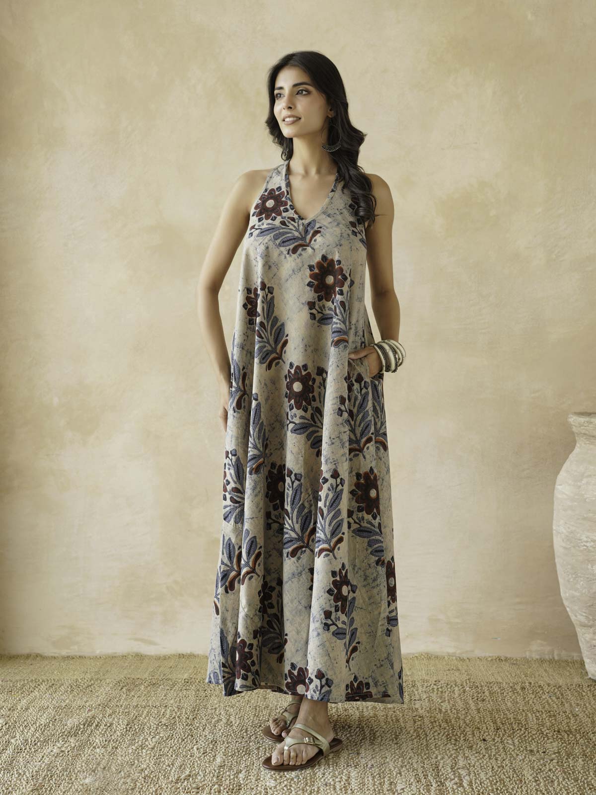 Cotton Printed Aline Moana Dress Beige