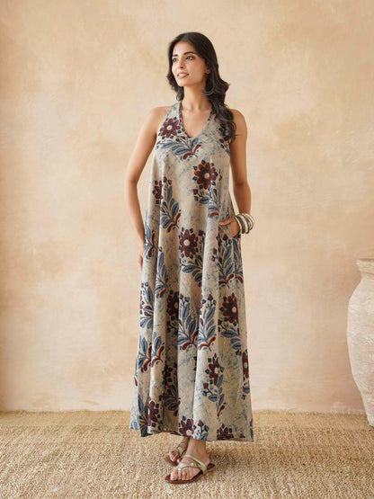 Cotton Printed Aline Moana Dress Beige
