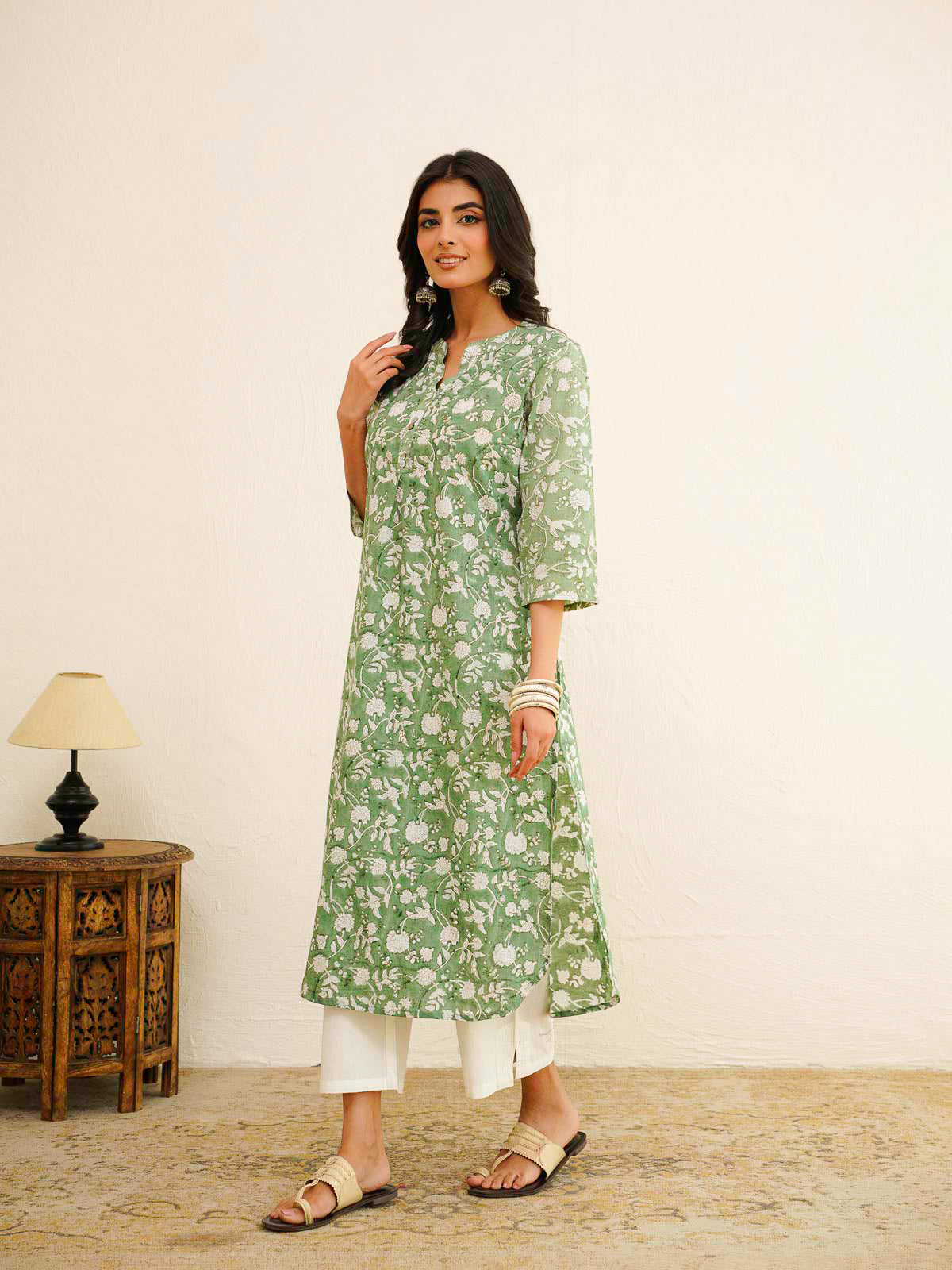 Cotton Pleat Kurta For Women Green