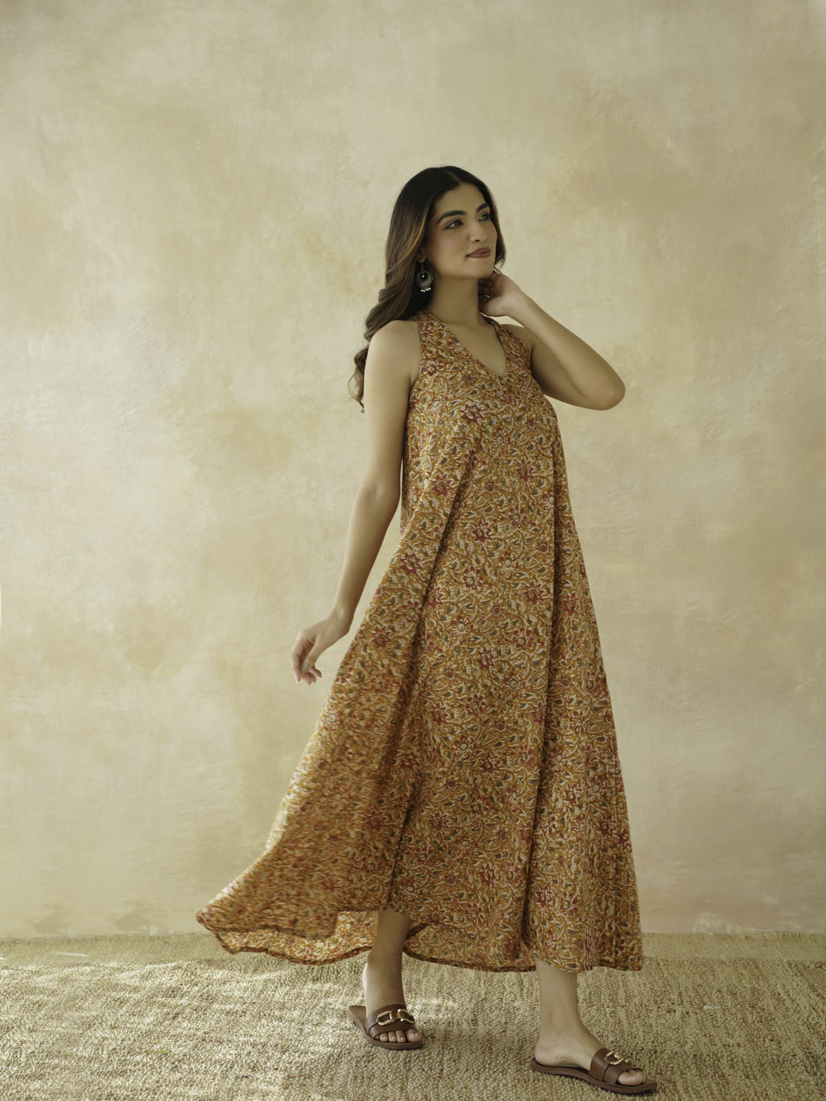 Cotton Printed Aline Moana Dress Mustard