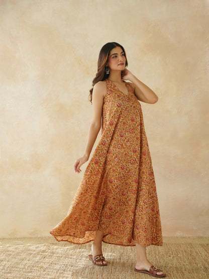 Cotton Printed Aline Moana Dress Mustard