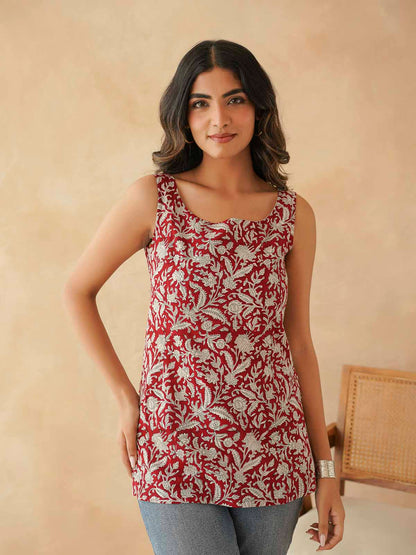 Cotton Printed Stylish Backless Tie-Up Kurti Red