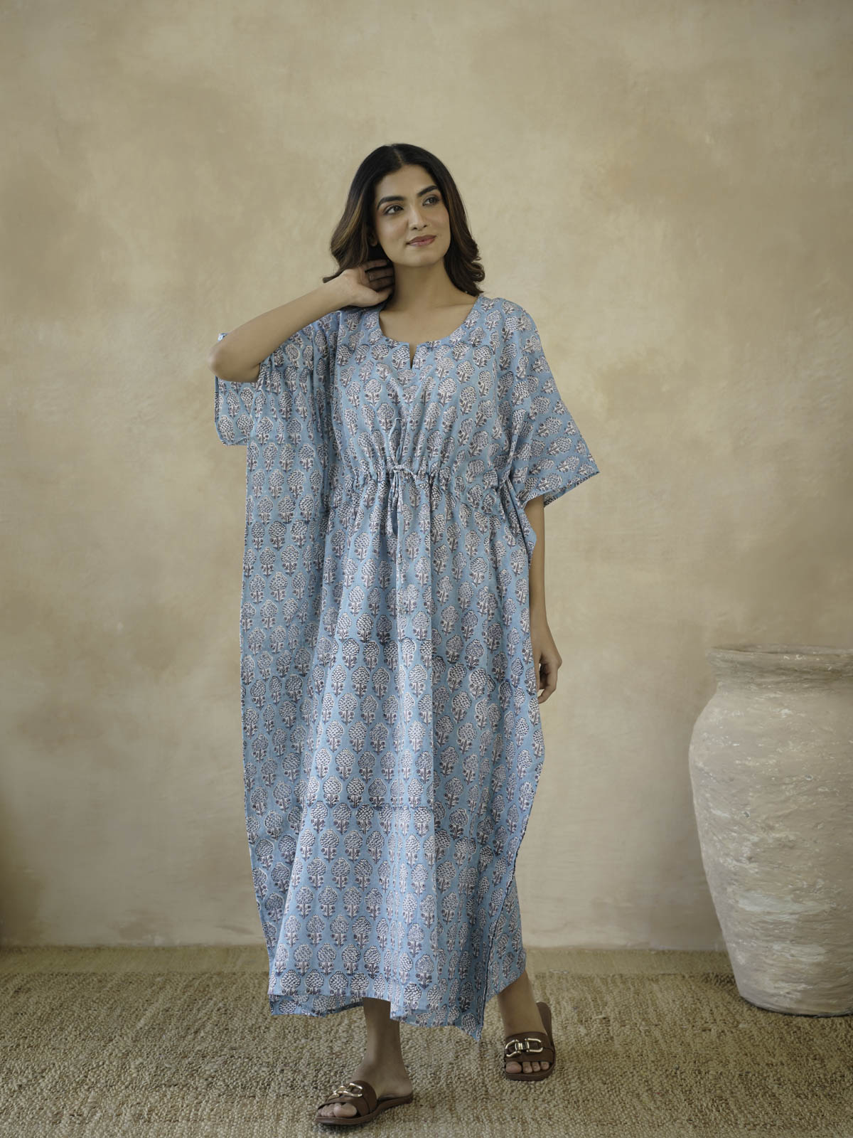 Block-Printed Cotton Long Kaftan Blue Booty