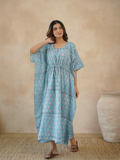 Block-Printed Cotton Long Kaftan Blue Booty