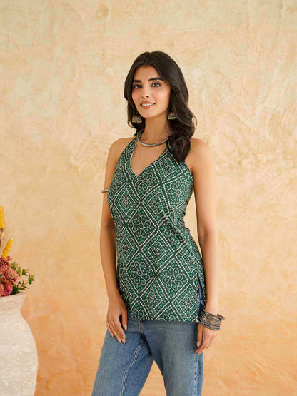 Cotton Printed Stylish Halter Tie-Up Kurti Green