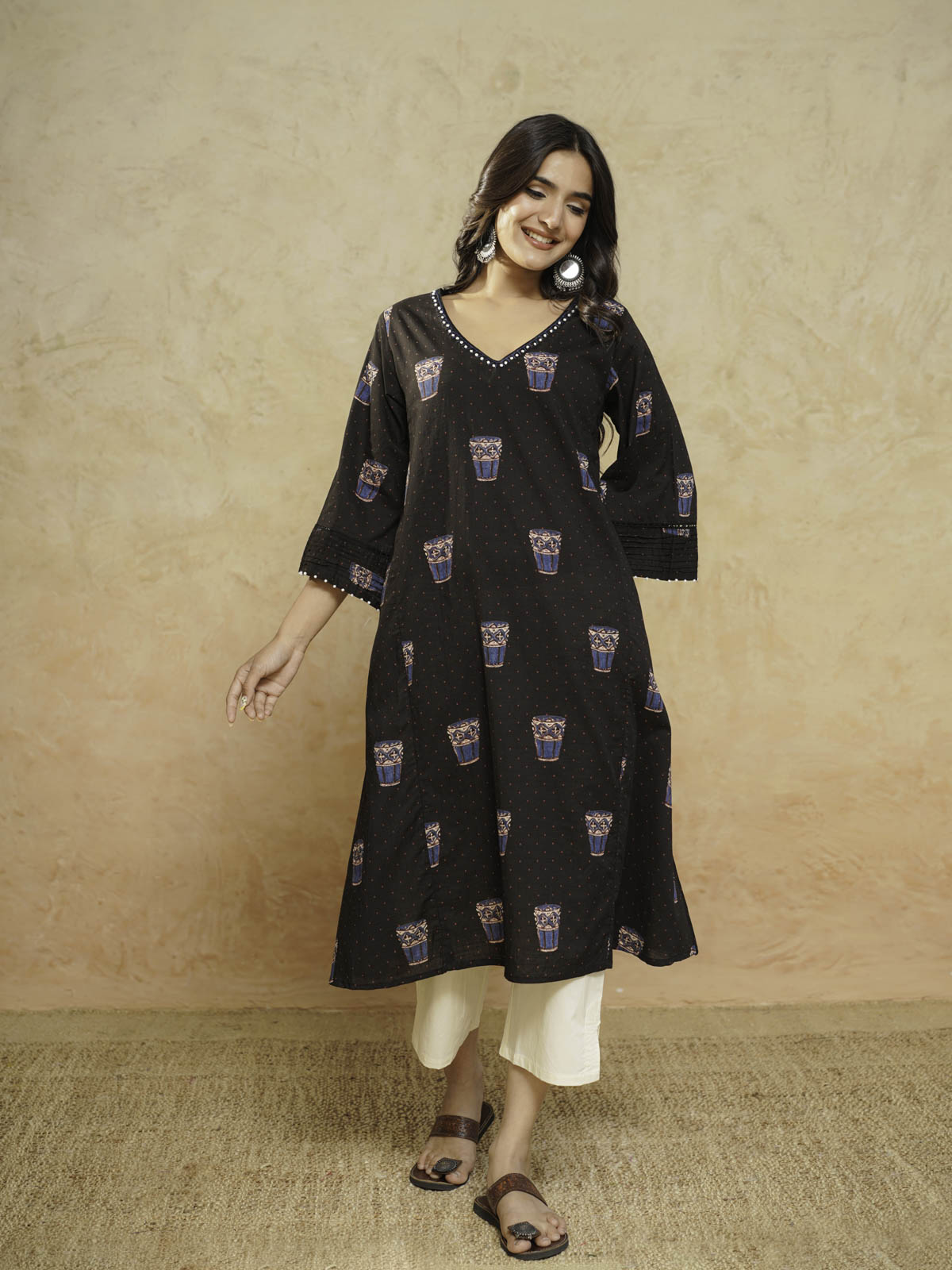 Cotton Printed Ultimate Aline Kurta For Women Black