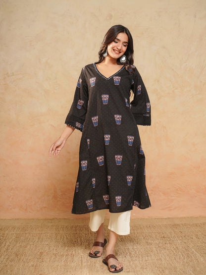 Cotton Printed Ultimate Aline Kurta For Women Black