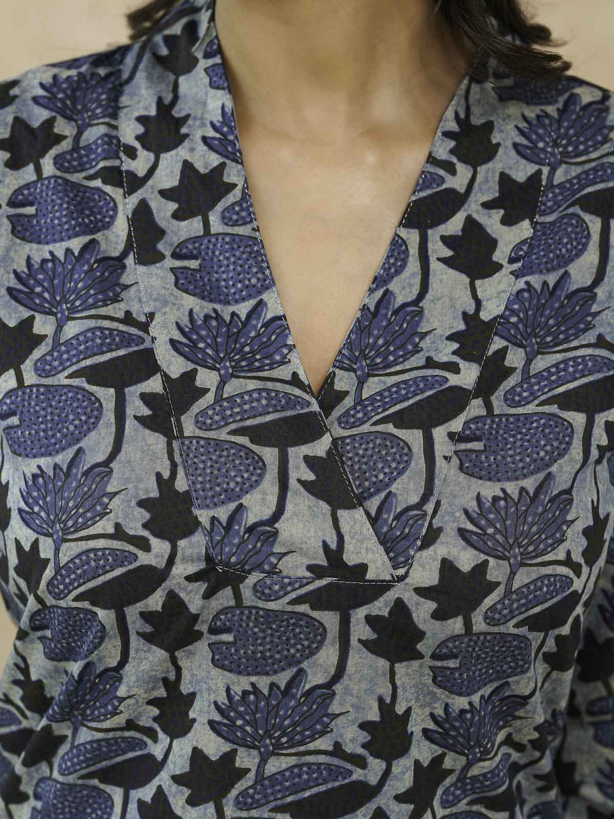 Cotton Printed Straight Kurta Indigo Lotus