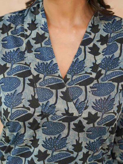 Cotton Printed Straight Kurta Indigo Lotus