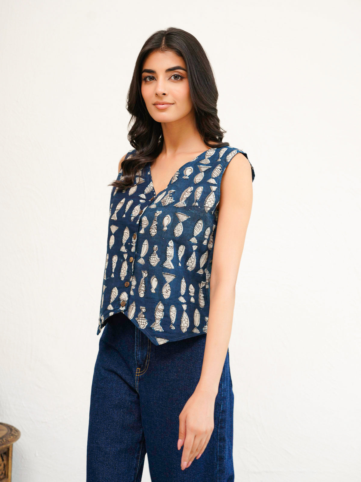 Sleeveless Cotton Block Printed Kothi Top Fish