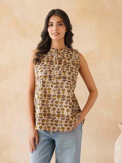 Cotton Printed Sleeveless Tunic Top For Women Brown