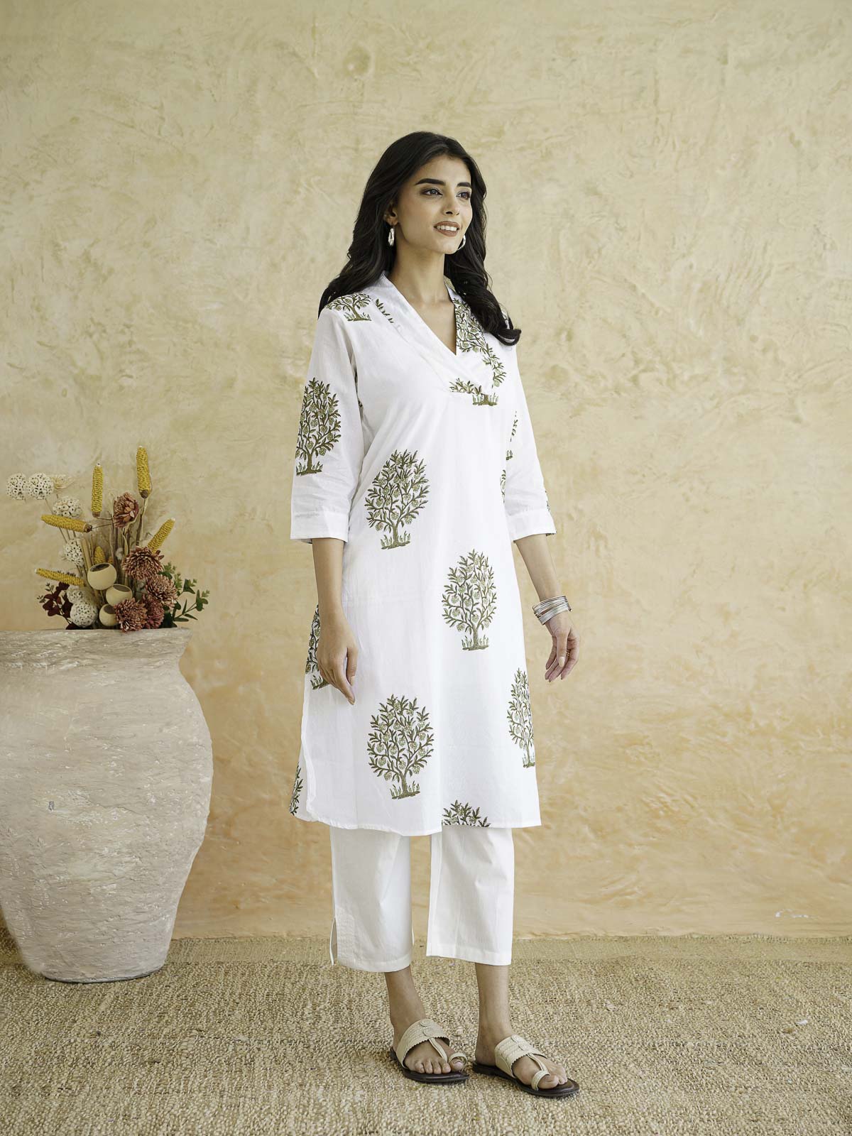 Cotton Printed Straight Kurta White