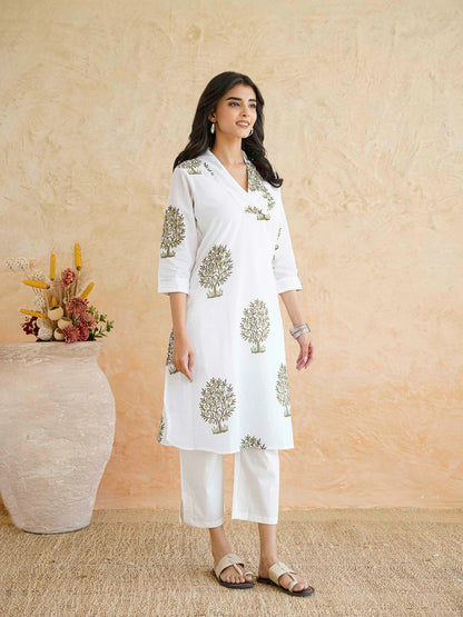 Cotton Printed Straight Kurta White