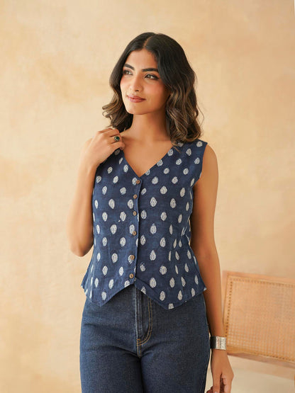 Sleeveless Cotton Block Printed Kothi Top Indigo Booty