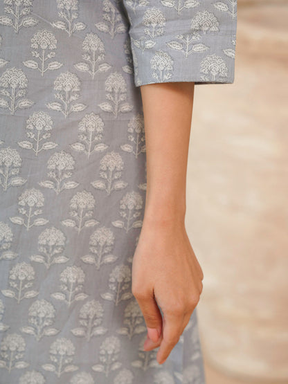Cotton Printed Straight Kurta Grey