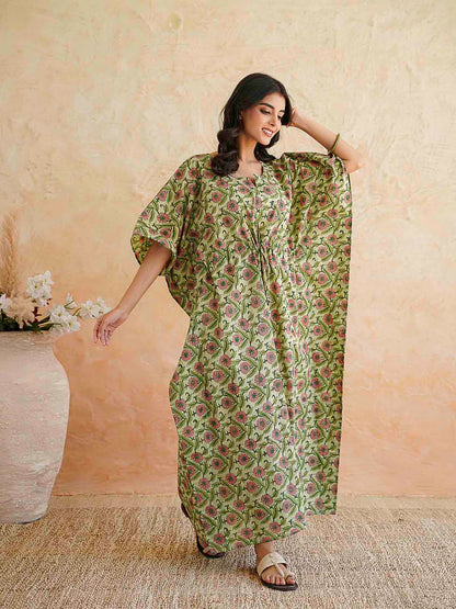 Block-Printed Cotton Long Kaftan Green Jaal