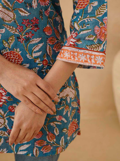 Cotton Printed Sequin Short Kurti For Women Blue Jaal