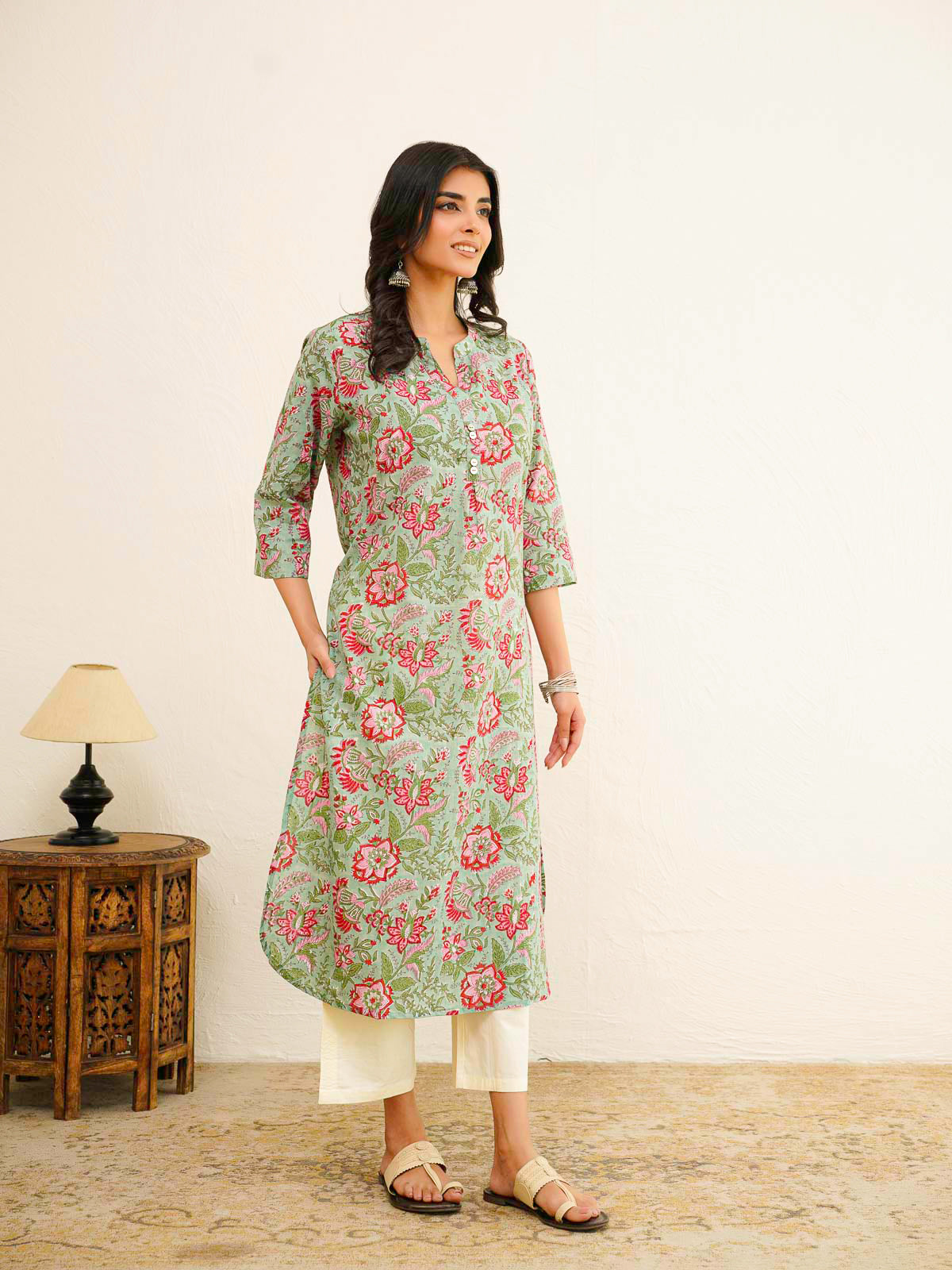 Cotton Pleat Kurta For Women Green Flower