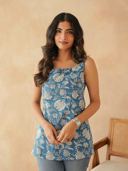 Cotton Printed Stylish Backless Tie-Up Kurti Drak Blue