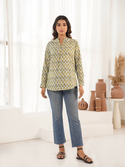 Cotton Printed Top For Women Yellow Leaf